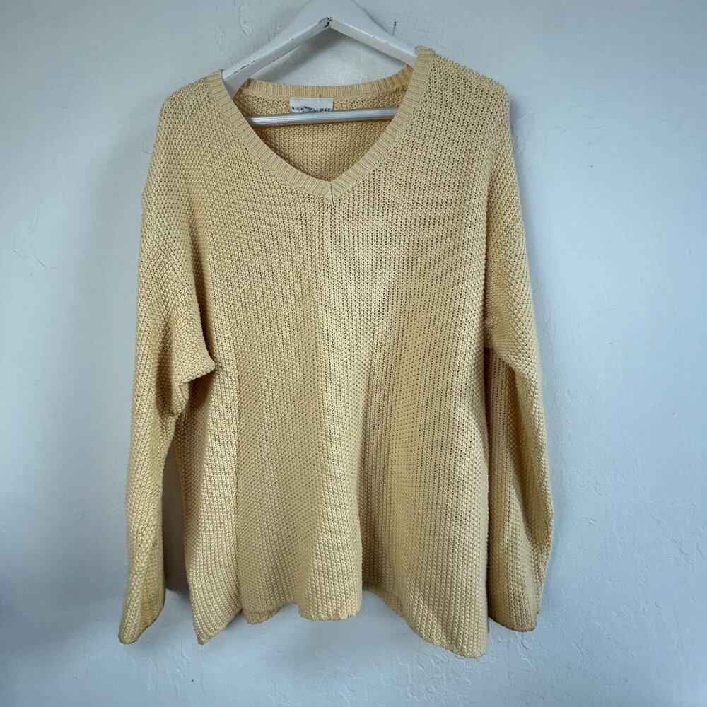 Bryn Walker Womens V-Neck Sweater Large Yellow 100% Cotton Relaxed Fit Pullover